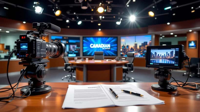 Empty Canadian TV talk-show anchor desk under studio lights with a broadcast camera, teleprompter and a contract on the desk