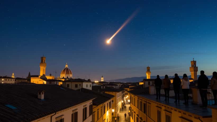 Asteroide luminoso che attraversa il cielo notturno sopra una città italiana