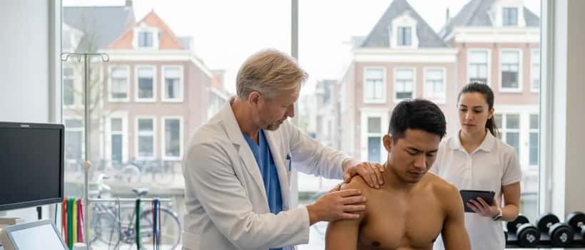 Nederlandse sportarts onderzoekt schouder van MMA-atleet in moderne sportkliniek