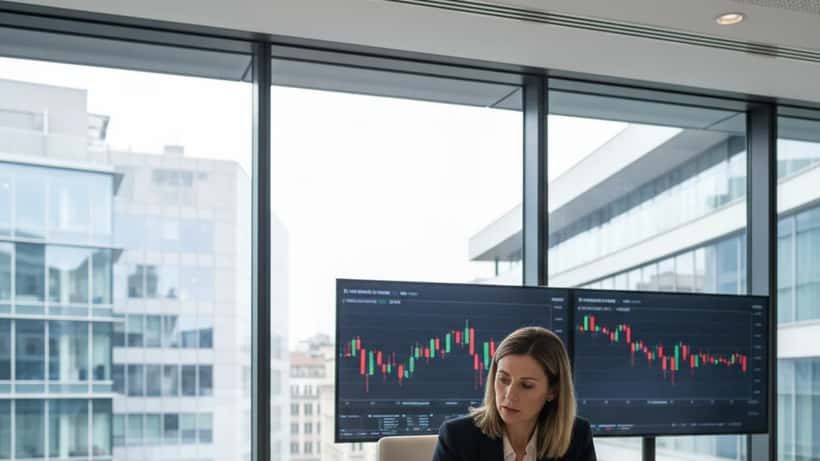 Consulente finanziaria italiana che esamina documenti bancari in un ufficio a Milano dopo la crisi BFF Bank