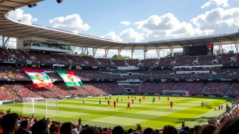 Estádio de futebol com bandeiras portuguesas e elementos de negócios, representando as lições dos 16 avos de final do Mundial 2026