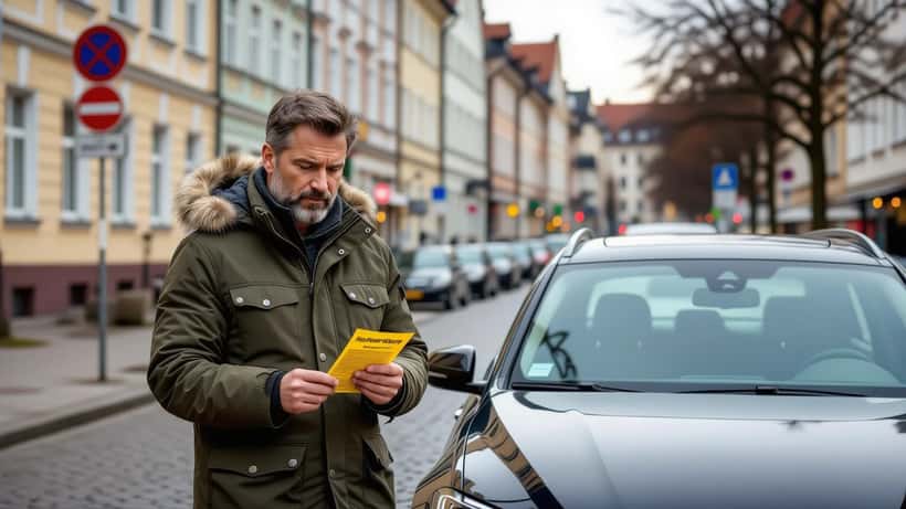 Fahrer liest Strafzettel an geparktem Auto in deutschem Stadtgebiet