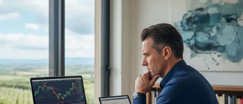 Professionista italiano davanti a laptop con grafici cambio valuta EUR/CHF