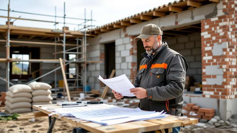Dono de obra e empreiteiro a analisar um contrato de construção numa casa em remodelação em Portugal