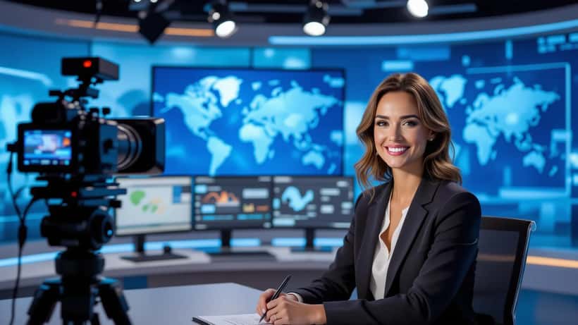 Television presenter in a breakfast TV studio with weather screens