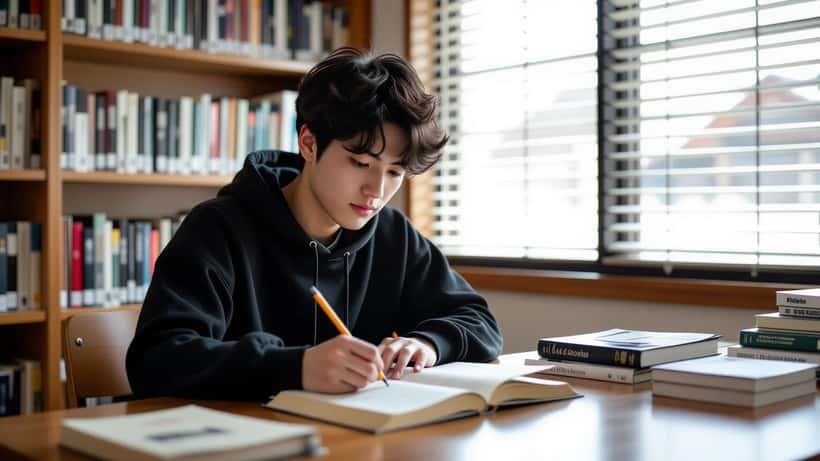American student reading a Japanese mystery novel and writing study notes at a school library desk, afternoon light