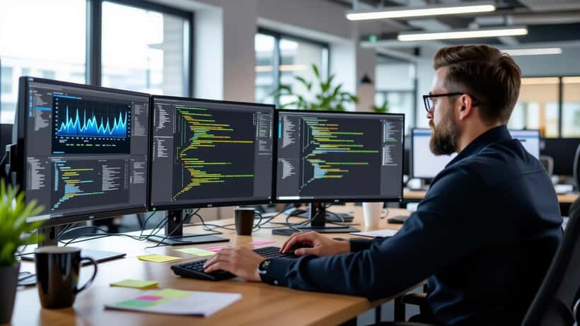 IT security consultant reviewing open-source AI model options and API endpoint settings on dual monitors in a US office