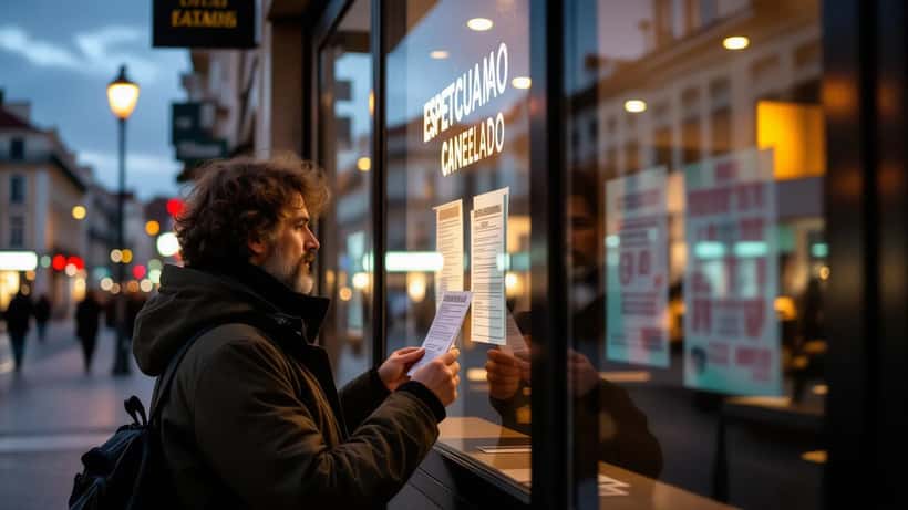 Pessoa segura bilhete de concerto junto a bilheteira de coliseu com aviso de espetáculo cancelado