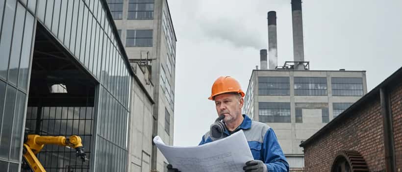 Deutscher Fabrikarbeiter liest Dokument vor Industriegebäude