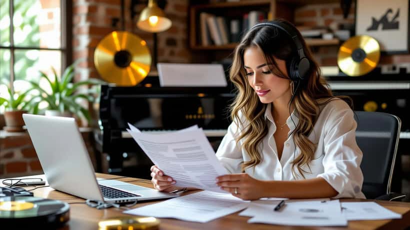 Artista revisando estados de royalties y contratos musicales en estudio