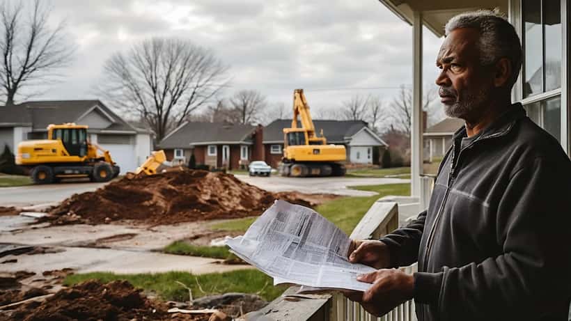 Homeowner reviewing property documents near Cleveland Browns stadium construction site in Brook Park, Ohio