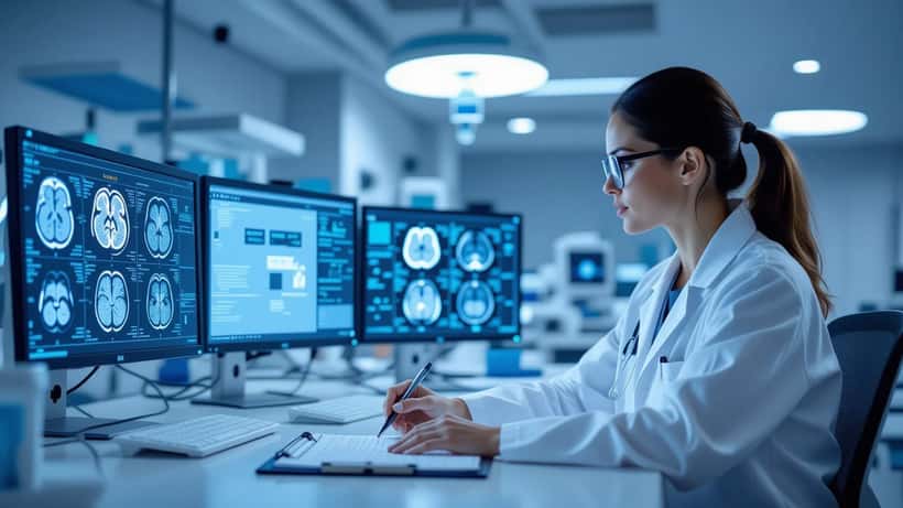 Neurologue examinant des images cérébrales IRM en urgence dans un hôpital canadien