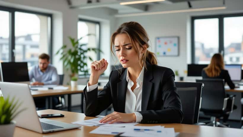 Frau am Arbeitsplatz mit Anzeichen einer Panikattacke – psychische Gesundheit im Job