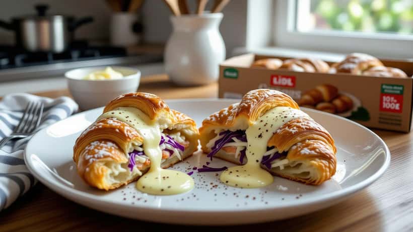 Döner Croissant mit Hähnchenfleisch, Kraut und weißer Soße auf Teller, Lidl-Packung im Hintergrund