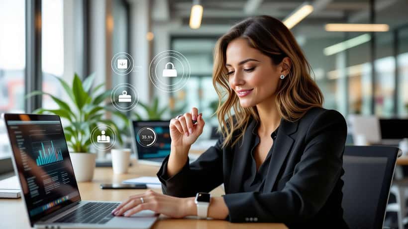 Donna italiana che controlla metriche di salute sullo smartwatch in ufficio a Milano con dati privacy sullo schermo
