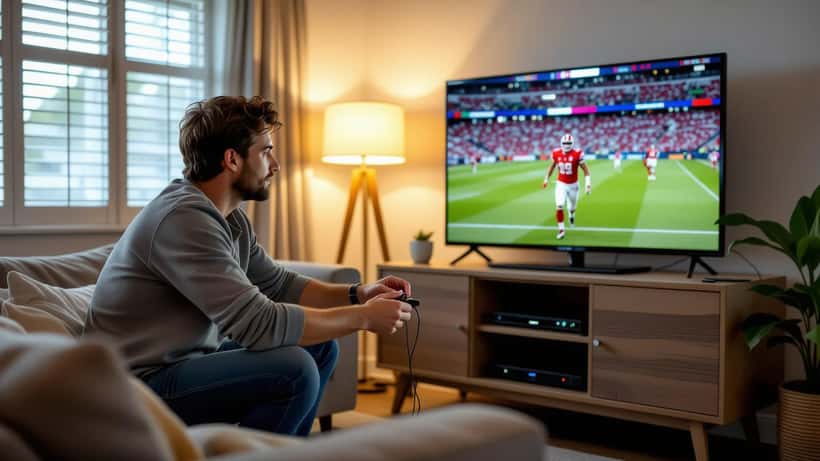 Australian man adjusting HDMI cable on 4K TV showing football match for EPL 2026-27 streaming setup