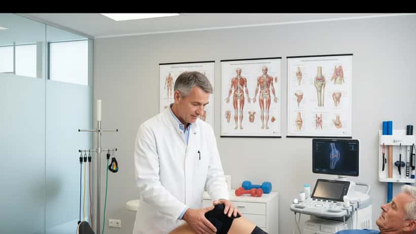 Sportmediziner untersucht Knie eines Patienten in Münchener Klinik