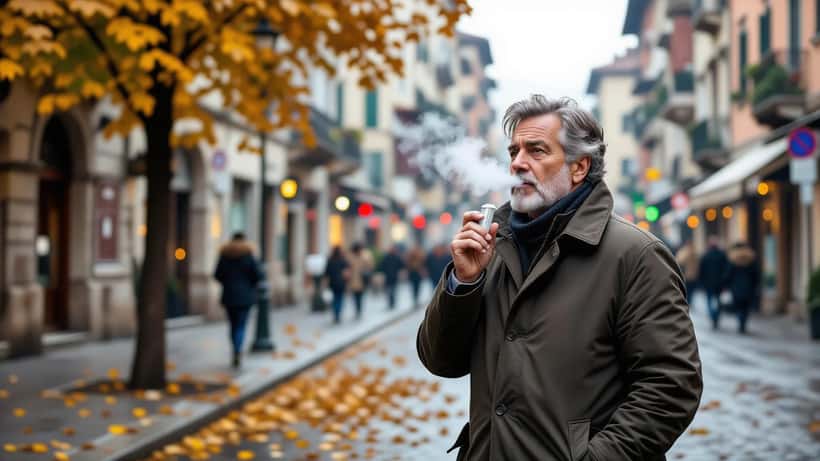 Uomo con inalatore per asma in una mattina di nebbia autunnale a Ferrara, Po Valley