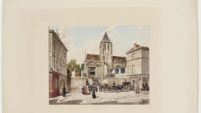 Sortie d'un mariage religieux devant une église à Paris, illustration historique
