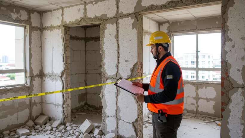 Engenheiro estrutural inspecionando parede rachada em apartamento danificado por terremoto em São Paulo, com documentos de seguro na mão