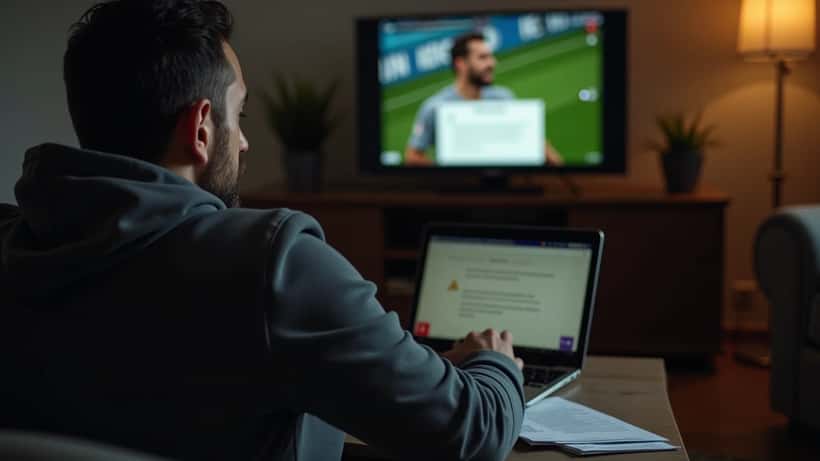 Uomo preoccupato davanti al laptop con notifica di multa AGCOM per streaming illegale