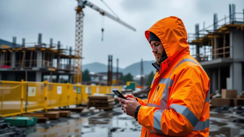 Operaio edile italiano controlla allerta meteo sullo smartphone durante il maltempo in cantiere