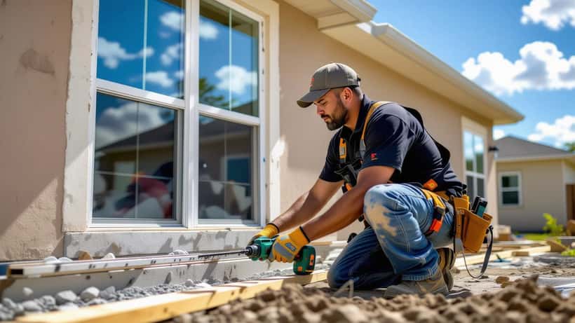 Contratista hispano instalando ventanas de impacto en casa de Florida durante la temporada baja de huracanes 2026