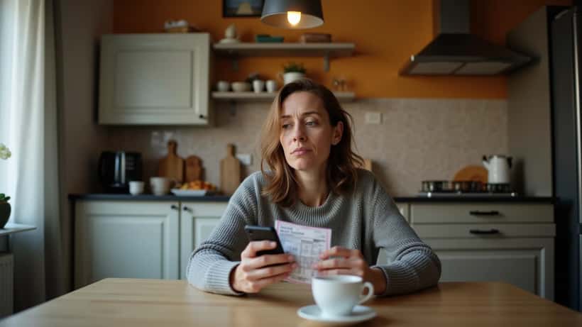 Norsk kvinne sjekker lottokupongen sin på en lørdag kveld