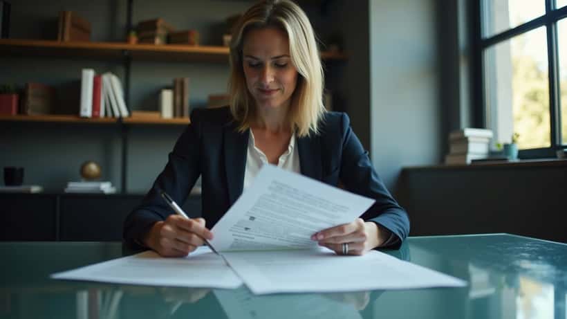 Female employment lawyer reviewing a thick employment contract at a desk in a Toronto law office