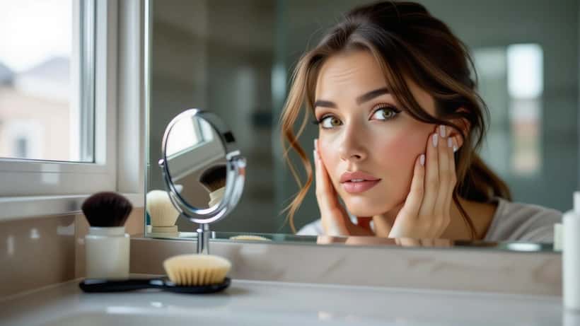 Woman examining pale complexion and dark circles in bathroom mirror, hairbrush with shed hair on vanity