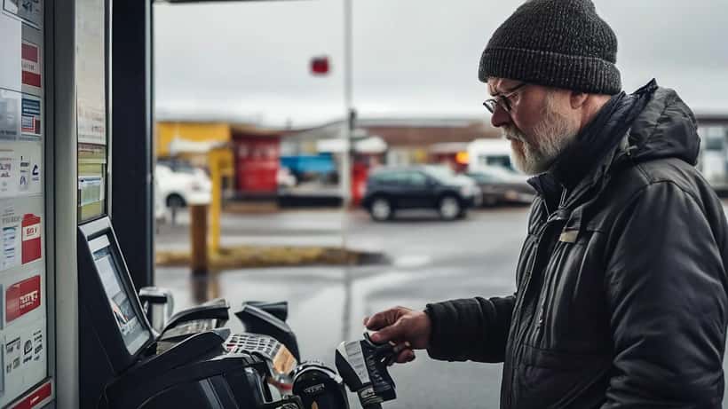 Maður við bensínstöð á Íslandi skoðar hár olíuverð á pumpunni eftir hernað í Íran