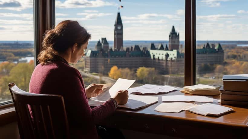 Une femme examine son passeport canadien et des documents de citoyenneté par filiation