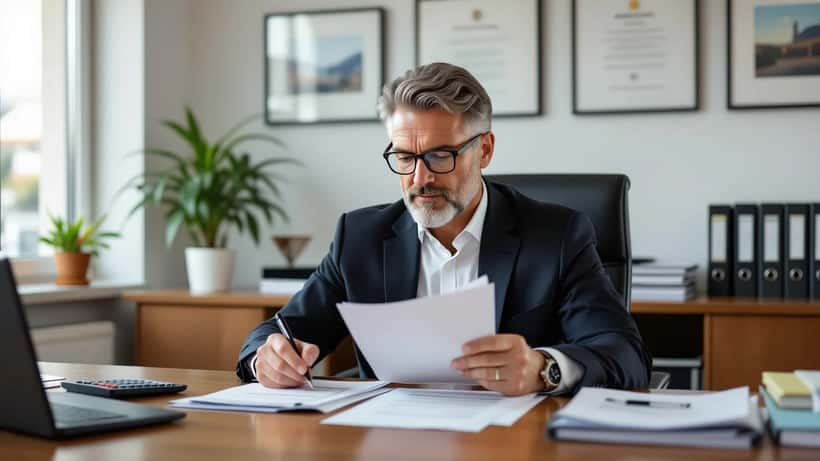 Älterer Unternehmer prüft Übergabe-Dokumente in seinem Büro