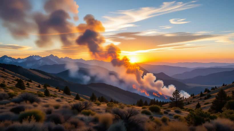 Columna de humo de incendio forestal sobre las montañas de Utah al atardecer