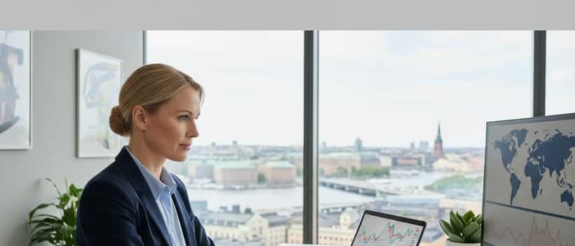 Svensk finansiell rådgivare granskar portföljgraf med global marknadsdata på laptop i modernt Stockholmskontor