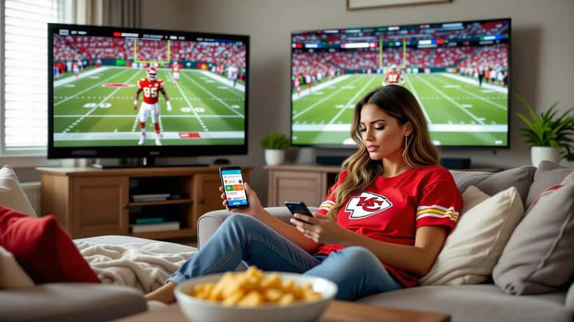 Apostador hispanohablante revisando app de apuestas deportivas NFL en smartphone con expresión de preocupación