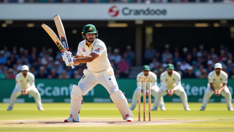 Australian cricketer at the crease looking tense during a high-pressure ODI chase against spin bowling