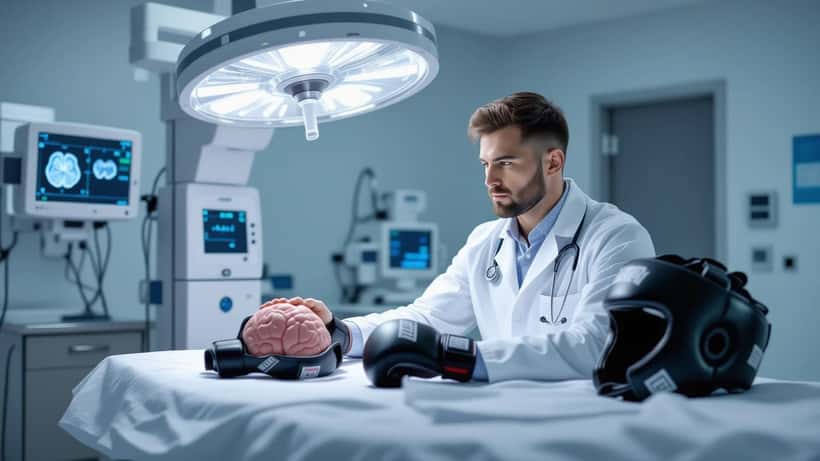 Sports medicine doctor reviewing brain MRI scan in clinic with MMA training gloves on shelf