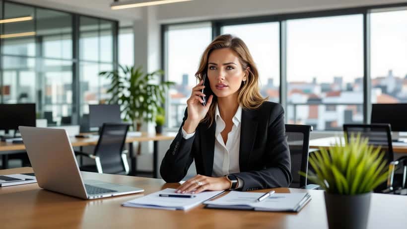 Profissional portuguesa ao telefone com expressão preocupada no escritório representando emergência familiar no trabalho