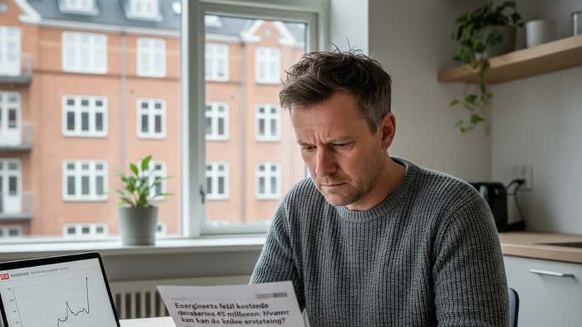 Mand ser bekymret på høj elregning ved køkkenbordet i en dansk lejlighed