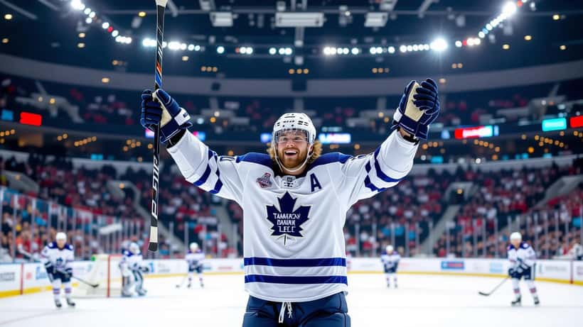 NHL-jääkiekkopeli, pelaajat taistelevat kiekosta jäällä, areenan valokeila