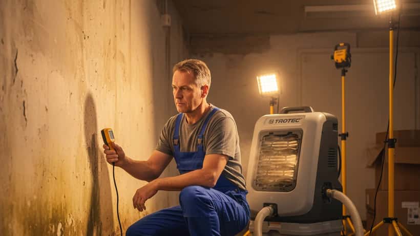 Handwerker in Arbeitskleidung misst Restfeuchte an überflutetem Kellerwand in deutschem Wohnhaus