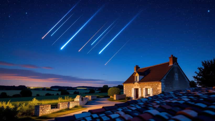 Pluie d'étoiles filantes Perséides au-dessus d'une ferme normande, météore lumineux traversant le ciel nocturne étoilé