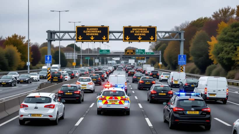 Queue of stationary cars on a Greater Manchester motorway during a police closure