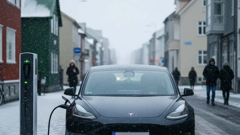 Rafbíll á hleðslu við hleðslustöð á Reykjavíkurgötu í janúarveðri