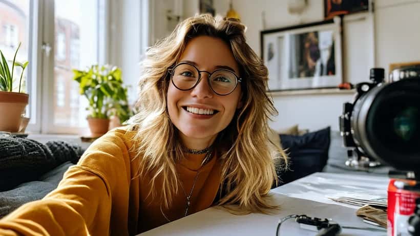 Dansk influencer filmer selfie-video med produkter og bog på bord i dansk lejlighed