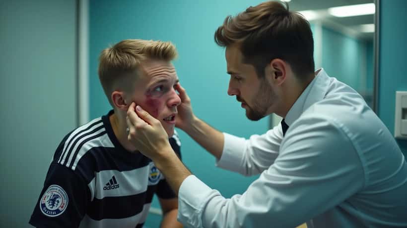Sportslæge undersøger fodboldspillers ansigt og øje efter baneulykke