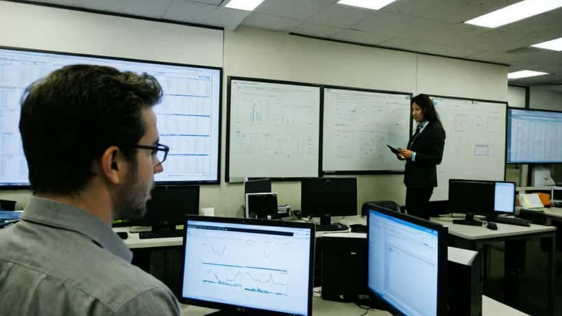 Analista de TI revisando sistemas de cifrado cuántico en pantallas de ordenador en oficina corporativa