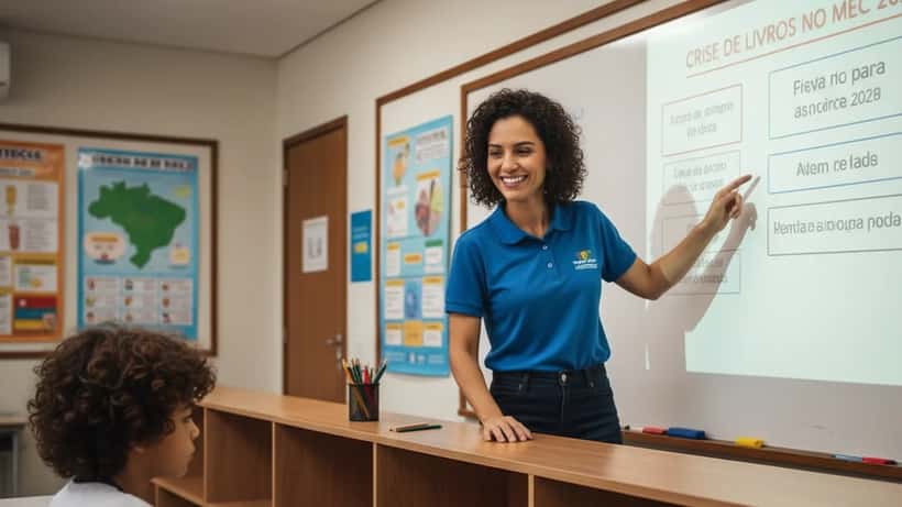 Professora brasileira ensinando aluna em sala de aula de São Paulo com prateleiras vazias de livros ao fundo