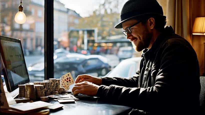Person vid dator med spelkort och kreditkort, Stockholm